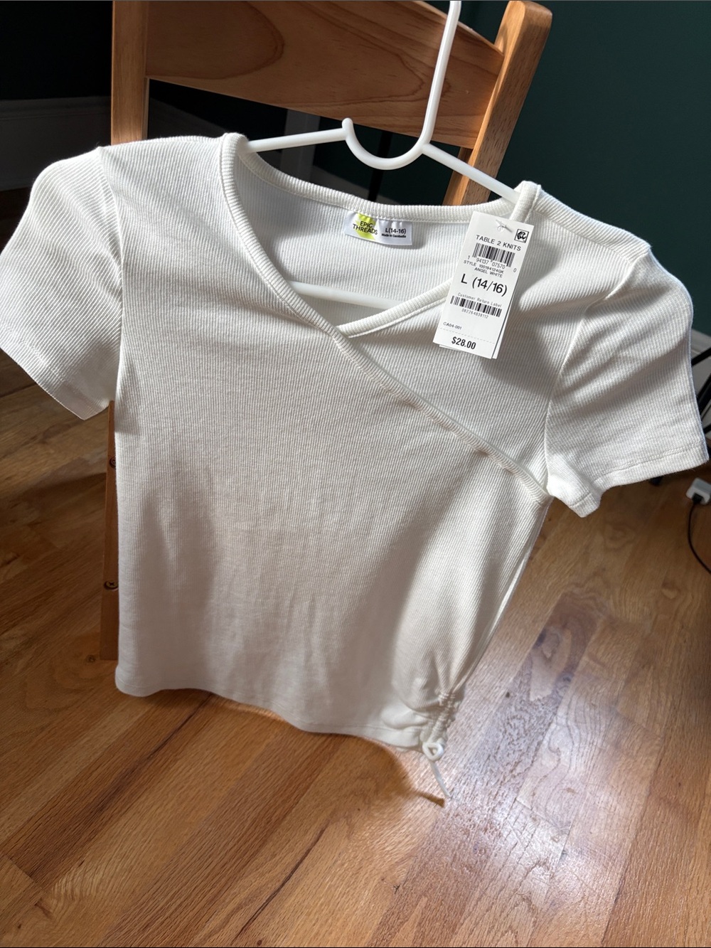 Epic Threads White Ribbed Short Sleeve Wrap Top with Drawstring